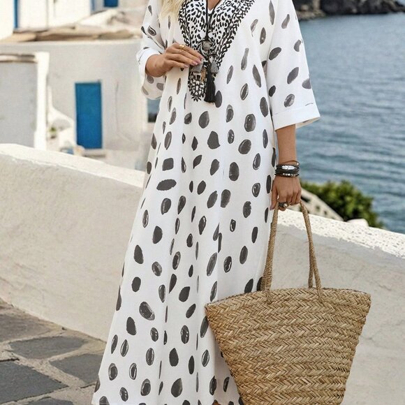 Apricot Bohemian Women's V-Neck Floral Print 3/4 Sleeve Kaftan Dress Cover Up - Picture 6 of 7